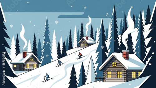 Winter ski resort scene with cozy cabins and skiers on snowy slopes flat vector illustration for holiday and travel concepts