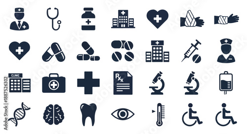 Medical and Healthcare Solid Glyph Vector Icon Set
