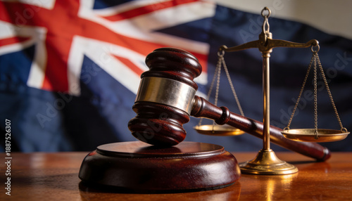 British Law and Justice Concept with Gavel and Scales in Front of the United Kingdom Flag