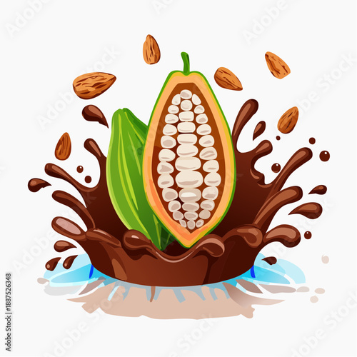 Stunning depiction of cocoa pod bursting open with seeds surrounded by dynamic splash of melted chocolate and flying shavings