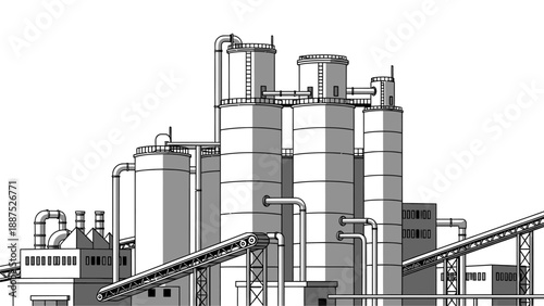 Industrial factory plant illustration with large silos, pipes, and conveyor belts, line art vector style.