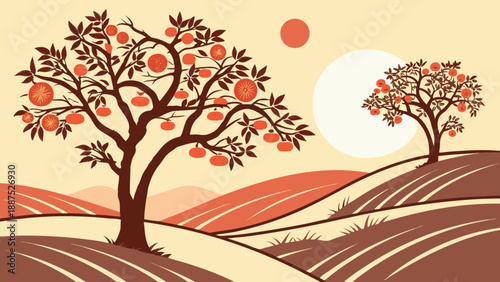 Traditional Orange Trees with Lucky Fruit and Sun in Flat Vector Style