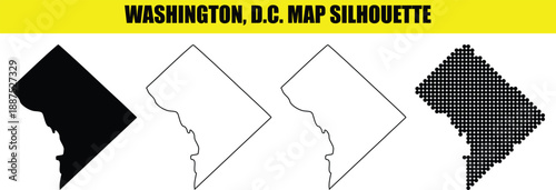 Washington dc map silhouette vector collection presenting diverse styles from solid shapes to dotted halftone patterns