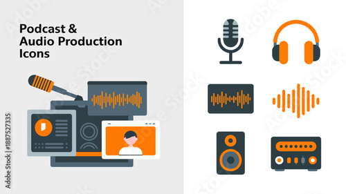 A collection of podcast and audio production icons depicting microphones headphones speakers and recording equipment in a flat design style high quality professional detailed modern elegant