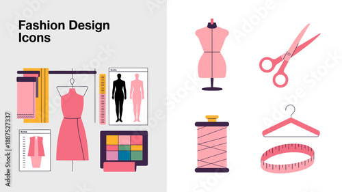 a colorful illustration showcasing essential fashion design tools and elements including a dress form scissors fabric swatches and clothing sketches high quality professional detailed modern elegant