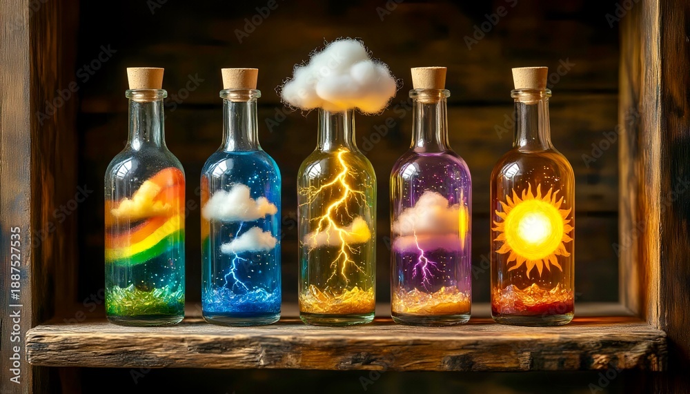 Naklejka premium bottles with images of the sun and thunderstorms