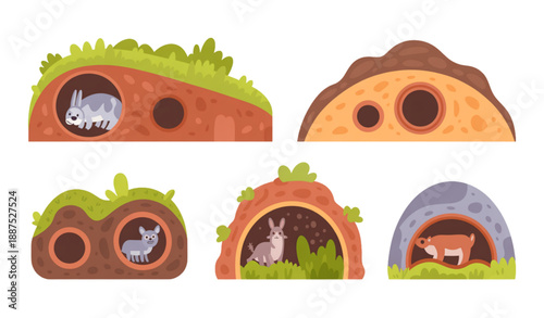 Forest Animal Burrows Vector Set Showing Underground Wildlife Habitats on White Background