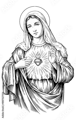 Illustration of Virgin Mary with sacred heart, halo and veil, rendered in a detailed black and white style.