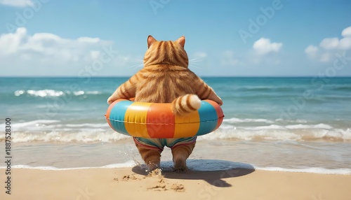 a fat redhead with an inflatable ring goes swimming