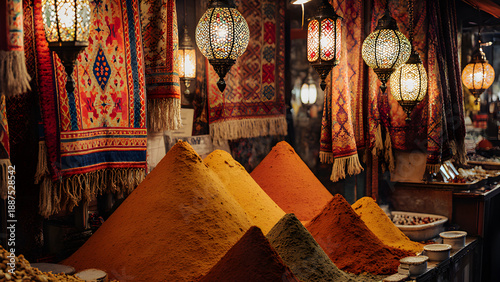 Colorful Spice and Lantern Stall in a Moroccan Souk
