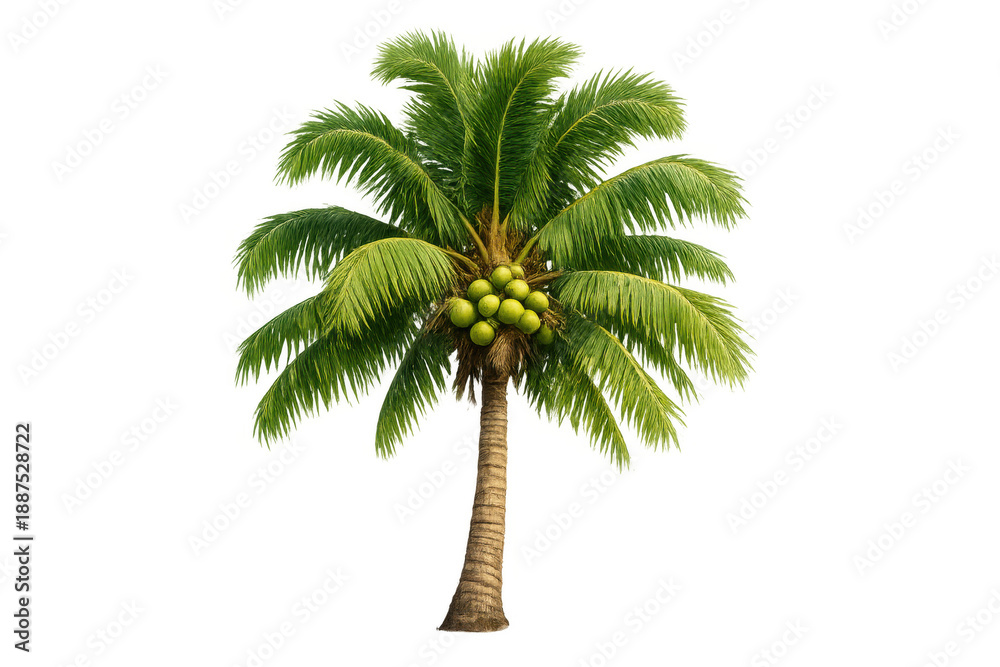Fototapeta premium Coconut palm tree with green fronds and whole unripe coconuts, isolated on transparent background, tropical plant for summer design