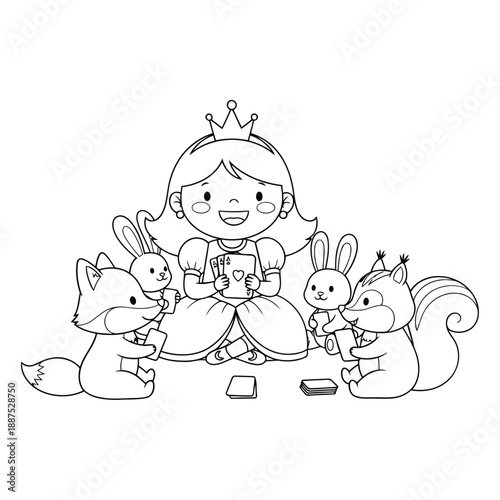 A charming princess playing cards with animal friends, including a fox, bunny, and squirrel, in a whimsical illustration