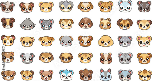 Cute cartoon puppy face icons set showing many dog breeds with different colors and expressions in kawaii style