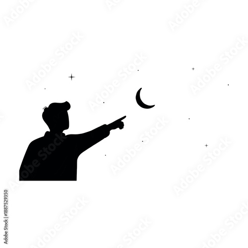Man Pointing at Crescent Moon and Stars Silhouette; Minimalist Black Vector Illustration of Stargazing Observer for Astronomy, Night Sky, Ramadan, Eid, and Dreamy Space Discovery Themes