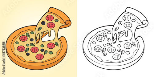 Cute pizza slice coloring page for kids with cheese, tomato, and toppings in fun cartoon style. Clean bold line art. Main object and background are separated, not combined in one layer