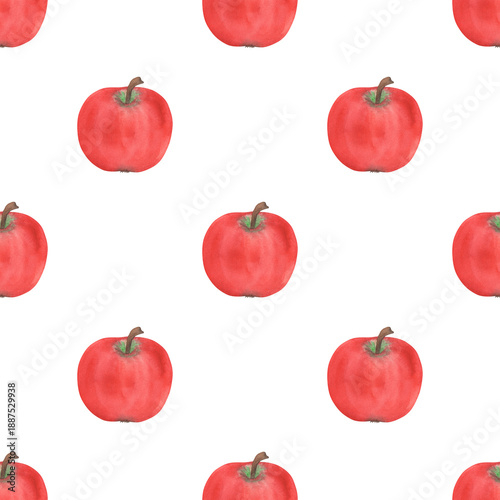 Illustration of an apple, slice, and half, hand-drawn watercolor fruit seamless pattern. Ripe realistic seasonal fruit.