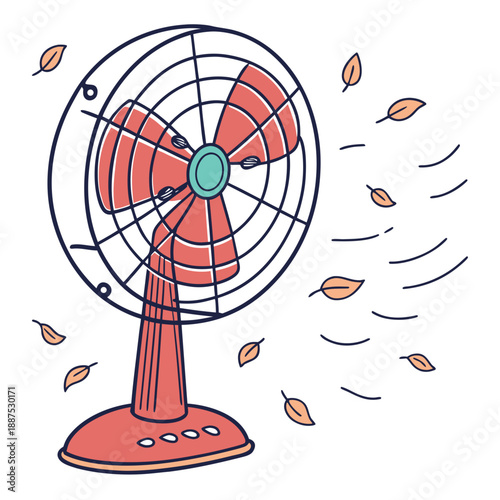Illustration of a fan blowing fallen leaves