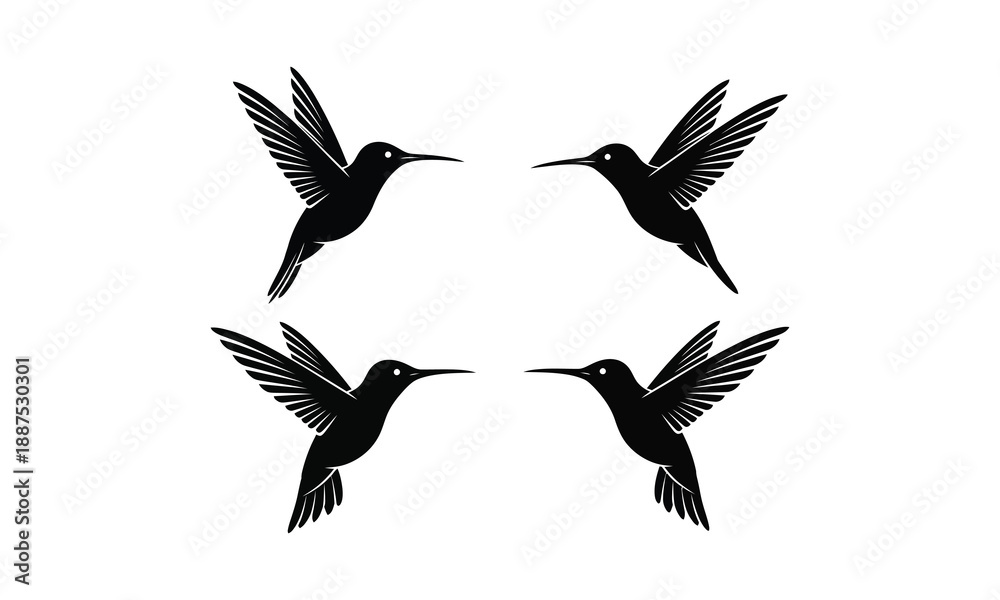Obraz premium Set of four black silhouette hummingbird icons in flight facing each other vector