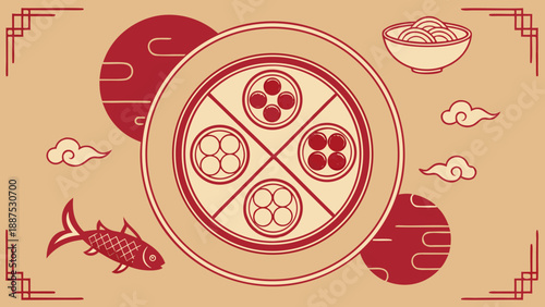 Traditional Dim Sum Platter with Lucky Fish, Noodle Bowl, and Red Suns in Flat Vector Style