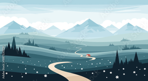 Beautiful pixel art landscape features a narrow winding path through a meadow full of flowers leading toward blue mountains.