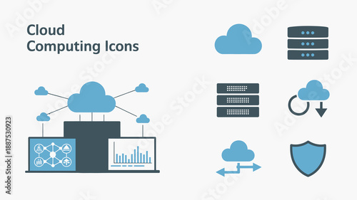 a visual representation of cloud computing illustrated with servers data transfer security and network icons in blue tones high quality professional detailed modern elegant stylish clean