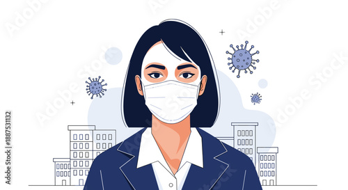 Young professional woman wears a white surgical face mask for protection against air pollution or viruses in an urban setting.