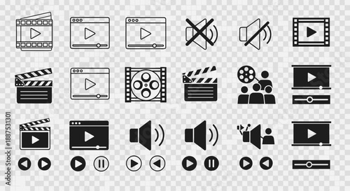 Multimedia Video and Audio Player Icons Set – Line & Solid Styles