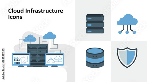 cloud infrastructure icons depicting servers data storage security and network connectivity are visually represented in a modern graphic design style high quality professional detailed elegant stylish
