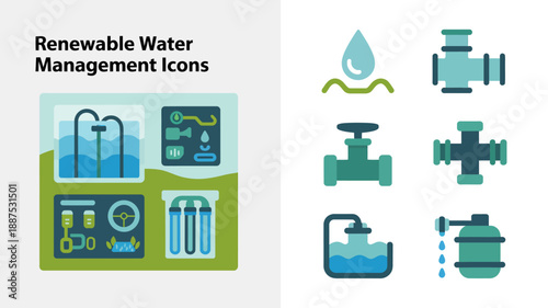 a collection of vector icons depicting various components of renewable water management systems and infrastructure including taps pipes and filters high quality professional detailed modern elegant