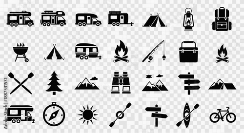 Camping and Outdoor Adventure Icon Set – RV, Tent, Campfire, Nature Symbols