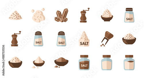 A collection of flat vector icons depicting various forms of salt and pepper, including shakers, grinders, and piles, on a white background.