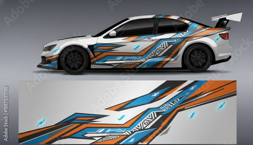 White sports car with a dynamic blue and orange geometric racing decal design.