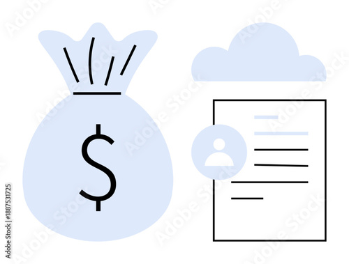Payroll processing, cloud computing, financial management, online banking, budgeting, remote financial solutions. Money bag with dollar symbol and a document in cloud storage. Payroll processing