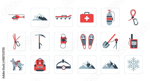 A comprehensive set of flat design icons illustrating mountain rescue equipment, winter survival tools, and outdoor adventure gear.