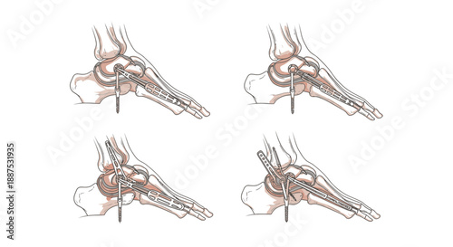 Detailed diagrams illustrating surgical fixation techniques in the human foot.