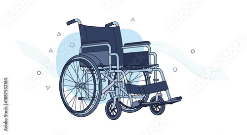 Modern blue manual wheelchair for mobility assistance, featuring large rear wheels and a sturdy frame, isolated on a decorative background.