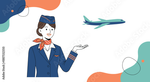 Friendly female flight attendant in a blue uniform and cap gesturing towards a commercial airplane flying in the distance against a white background.