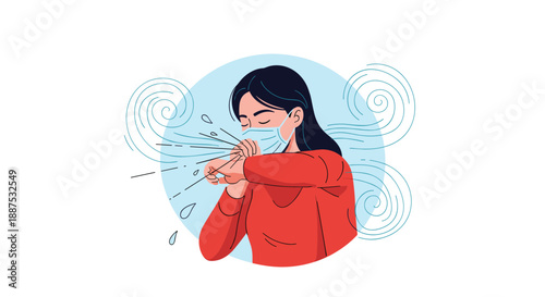 Distressed woman wearing a protective medical mask and coughing into her elbow, surrounded by abstract wind or germ swirls indicating illness.