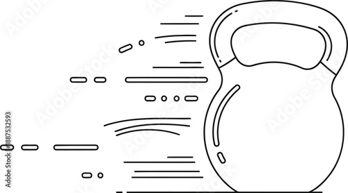 Minimalist black and white line art illustration depicting a kettlebell object moving quickly with motion trails suggesting speed and intense physical training