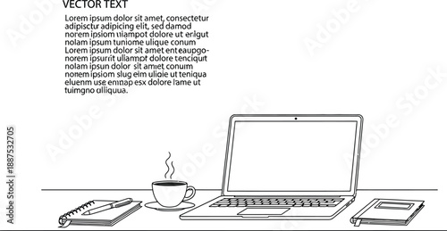Minimalist vector outline drawing of a modern open laptop computer resting on a clean workspace next to a steaming coffee cup and notebooks for business.