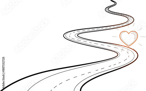 Winding road leading toward a glowing heart symbol representing the journey toward love commitment destiny and affection