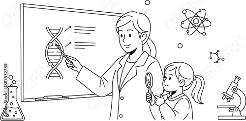 Female scientist or teacher proudly instructing a young student about genetics and molecular structures near a whiteboard presentation in a classroom setting