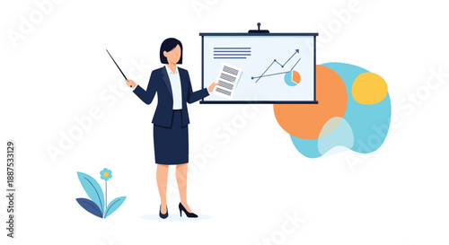 Professional woman in a navy suit giving a business presentation with a pointer stick and a flip chart showing financial growth charts.