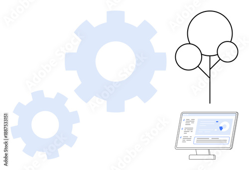 Business process automation, innovation, digital tools, teamwork, technological development, software solutions. Two gears, a computer screen and a network-thumbs up structure. Automation