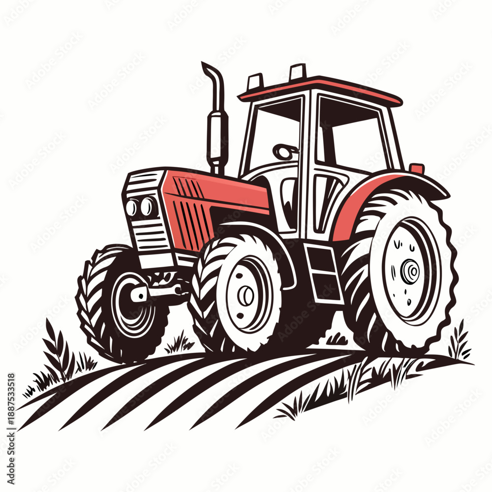 Fototapeta premium Red tractor on a field