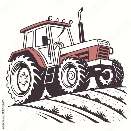 Red tractor on plowed field