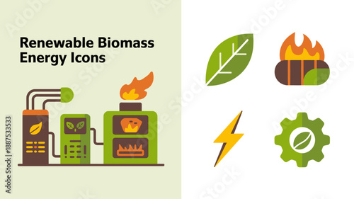 the image displays a collection of icons representing renewable biomass energy sources and related industrial components and processes high quality professional detailed modern elegant stylish clean