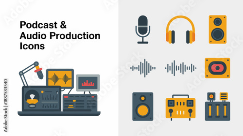 a collection of colorful podcast and audio production icons including microphones headphones speakers and mixing equipment is displayed high quality professional detailed modern elegant stylish clean