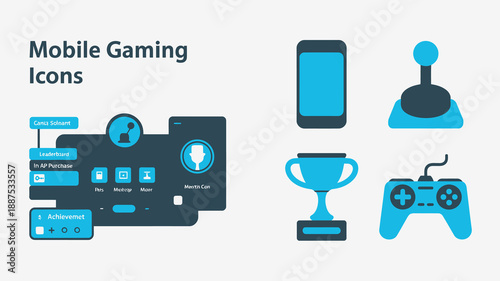 a collection of blue mobile gaming icons depicts a smartphone joystick trophy gamepad and security features showcasing modern game interfaces high quality professional detailed elegant stylish