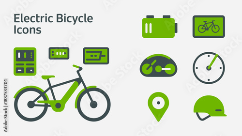 a collection of modern green electric bicycle icons including a full bike battery display helmet and navigational markers is shown high quality professional detailed elegant stylish